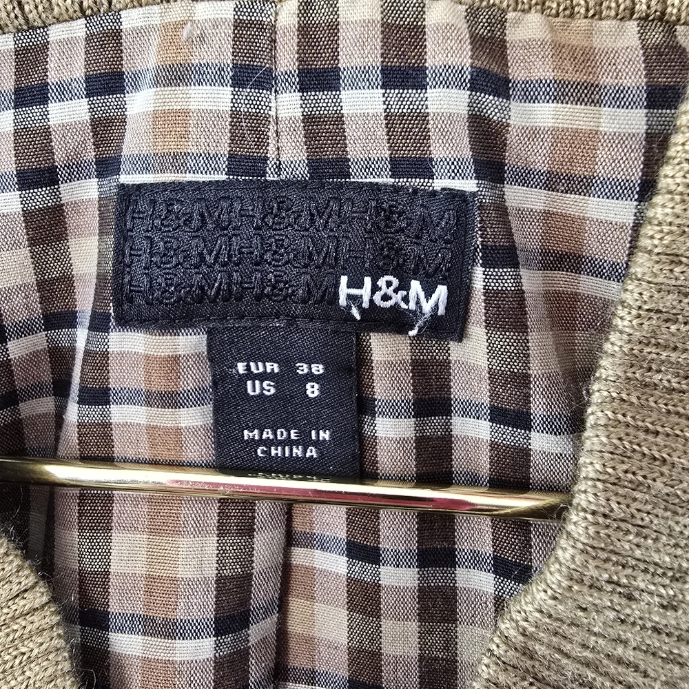 H&M Sateen Bomber Jacket Neutral Spring Knit Trim Check Tan Cropped Crop Size 8 - Picture 6 of 12